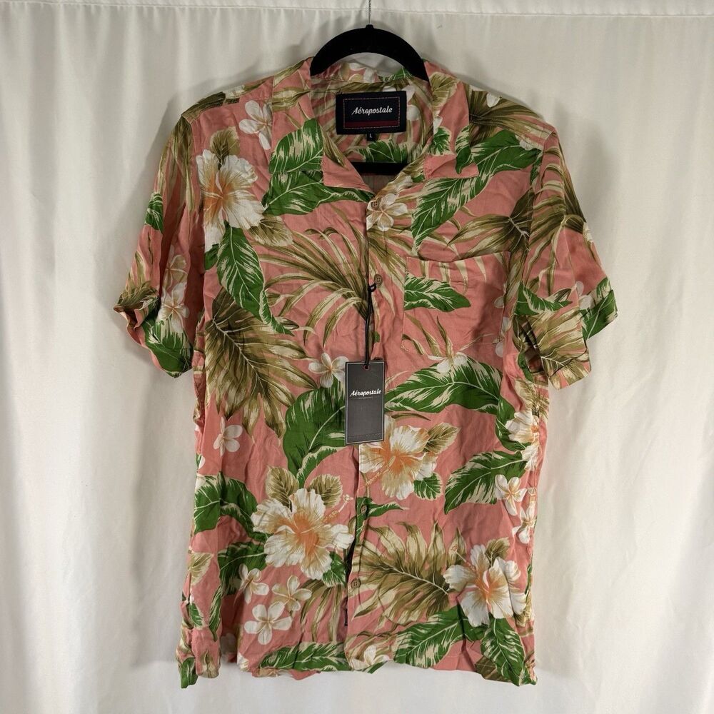New Aeropostale Hawaiian Shirt Men's Large Pink Floral Short Sleeve Button Down